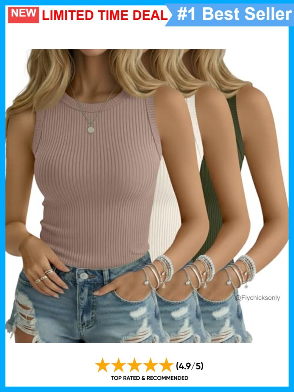 3 Pack Women's Cotton Tank Tops Sleeveless Crew Neck Slim Fit Ribbed Camisoles